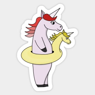 Unicorn using a unicorn-shaped pool float Sticker